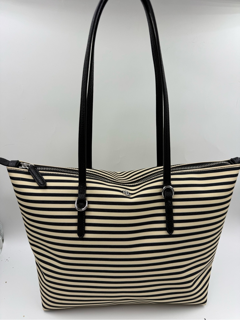Lauren Ralph Lauren Keaton Nylon Tote Black Cream Striped 15x10x6 Shoulder Bag